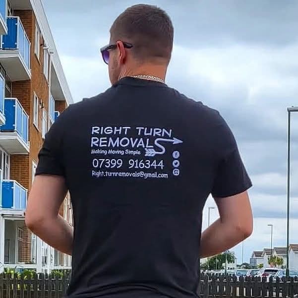 Lewis in a Right Turn Removals branded t-shirt